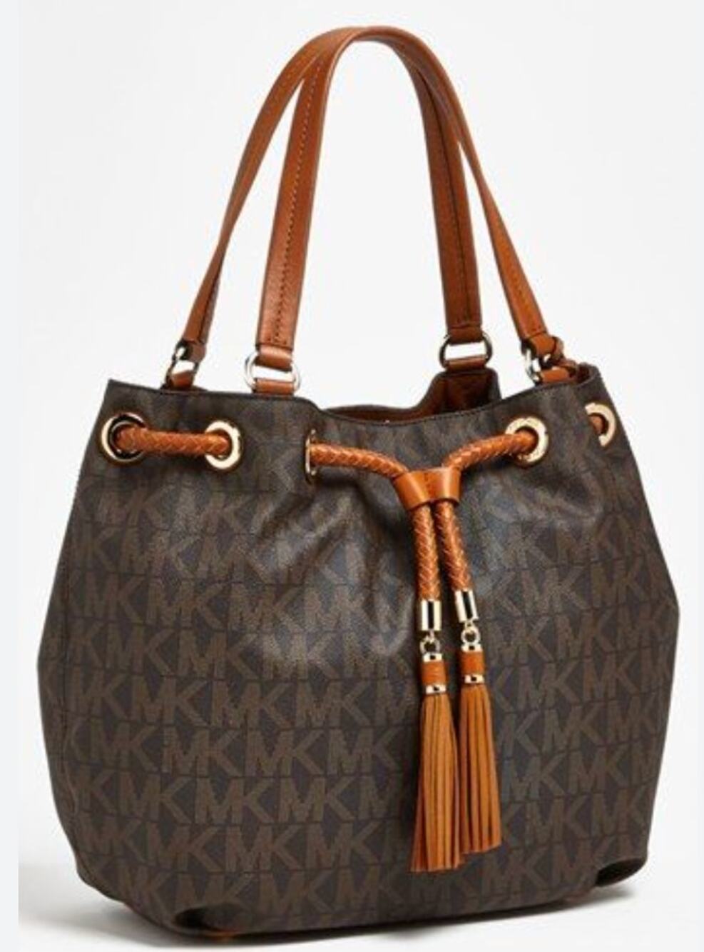 Michael Kors MK Jet Set Signature Fringe Tassel Logo Large Hobo Bag Purse Brown